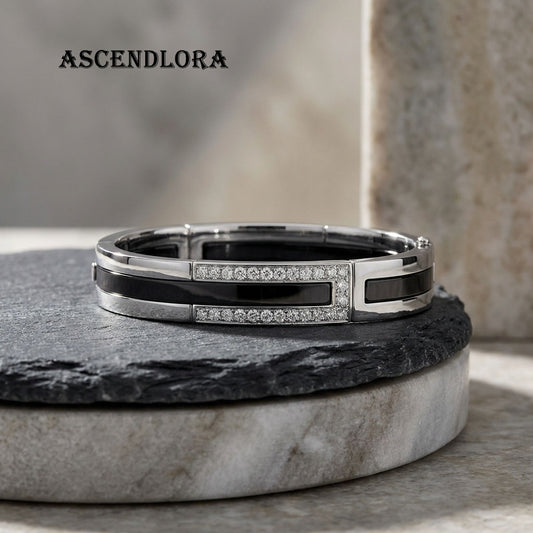 💎 Ascendlora™ THE OBSIDIAN-INLAY DIAMOND BANGLE "Elegance is found in the tension between light and shadow. A cuff forged for the modern vanguard, where the brilliance of diamonds meets the unyielding silence of obsidian."